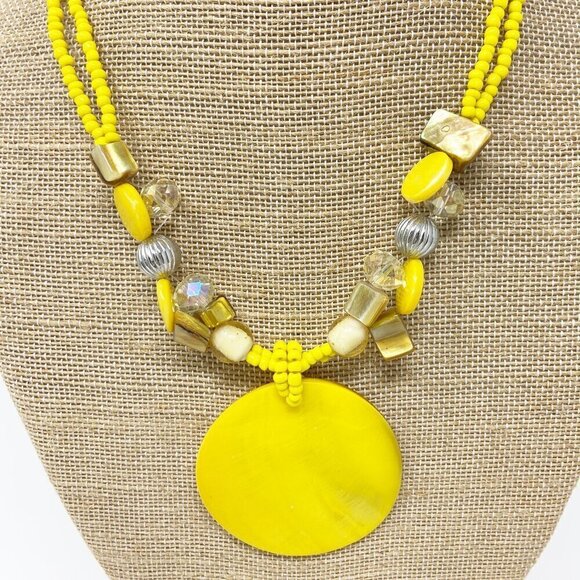 Large Yellow Disk Pendant on Yellow Beaded Necklace - Picture 2 of 6